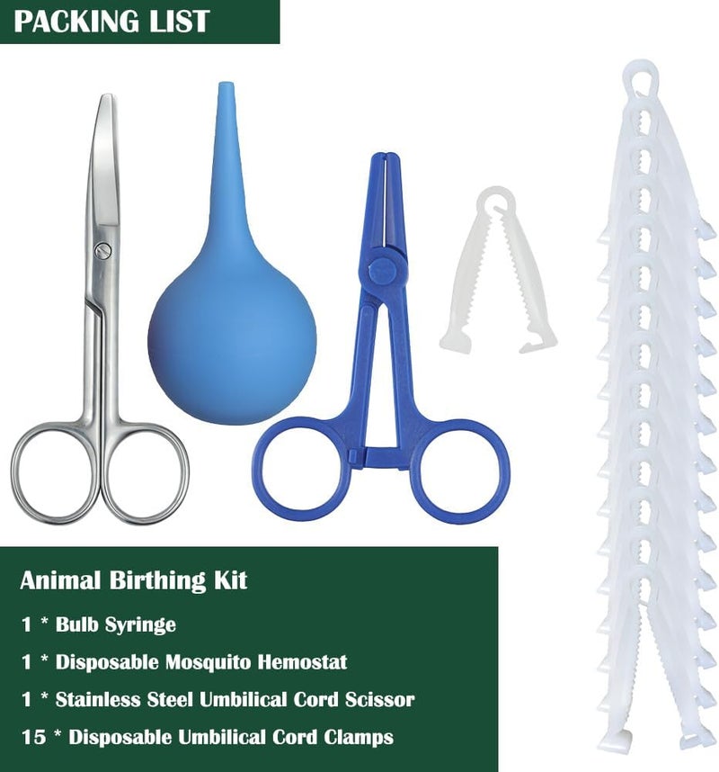 BCDHAMATE Animal Birth Kit with Curved Scissors | Disposable Umbilical Clamps, Hemostat, Bulb Syringe | Safe Delivery for Puppies, Kittens, Lambs, Piglets & Calves (Farm & Home Use) (Blue -PVC) - Image 5